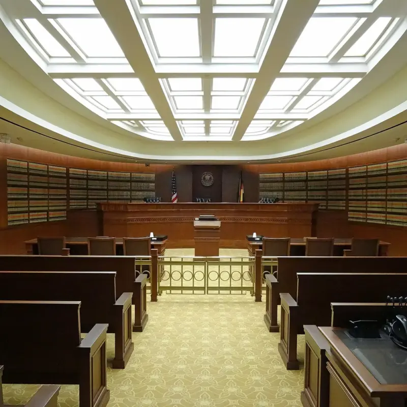 An empty United States courtroom, seen from the public gallery towards the bench.