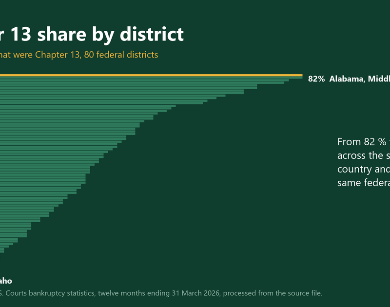 Bar chart of the Chapter 13 share of bankruptcy filings across 80 federal districts, from 82 percent in the Middle District of Alabama to 8 percent in Idaho