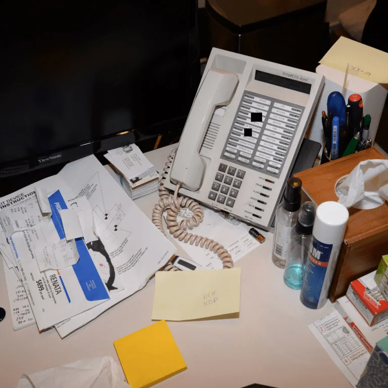 A cluttered desk with a telephone, a calculator and stacks of paperwork